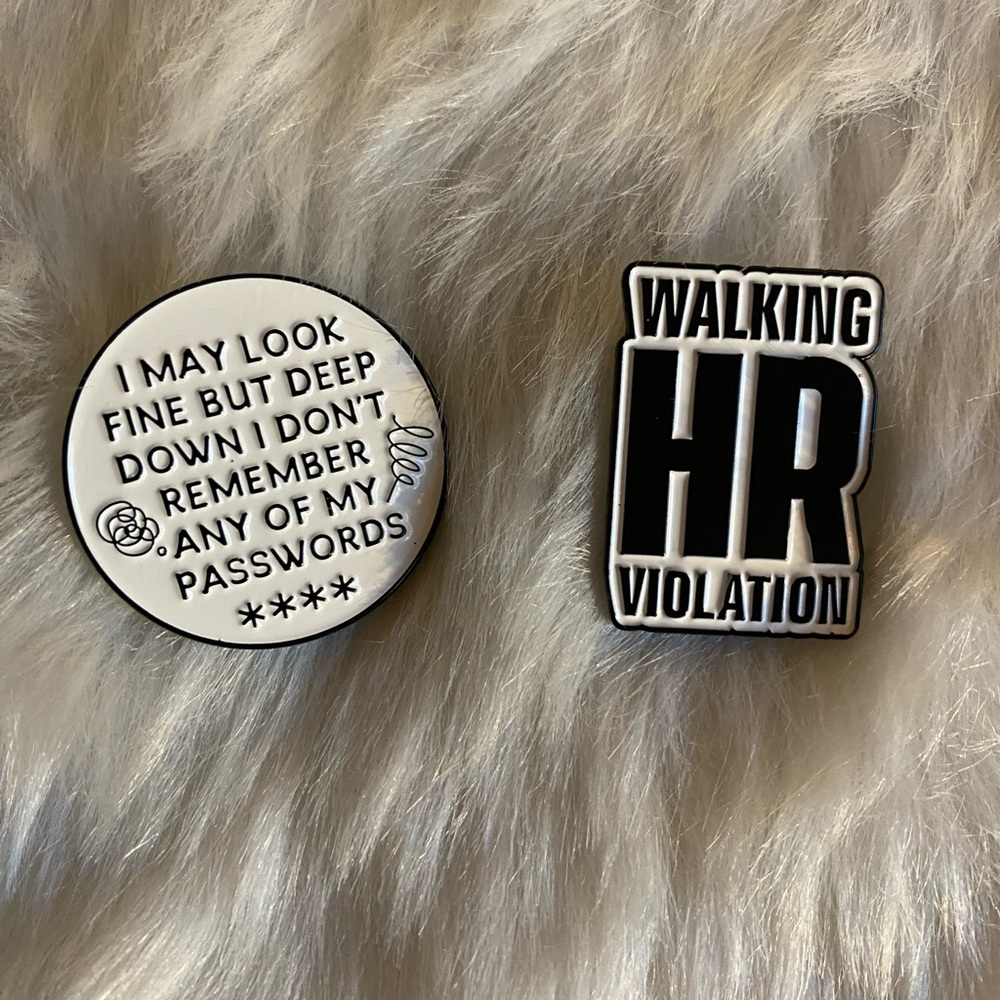 Funny Work HR Office Set Of 2 PINS enamel lapel pinback brooch HR Violation